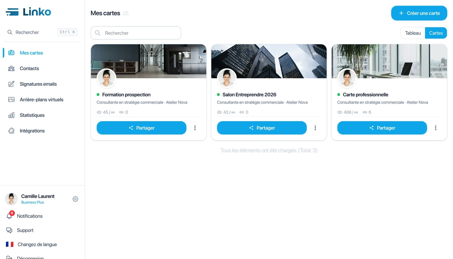 Accueil de l'app Linko dans le navigateur : vos cartes
