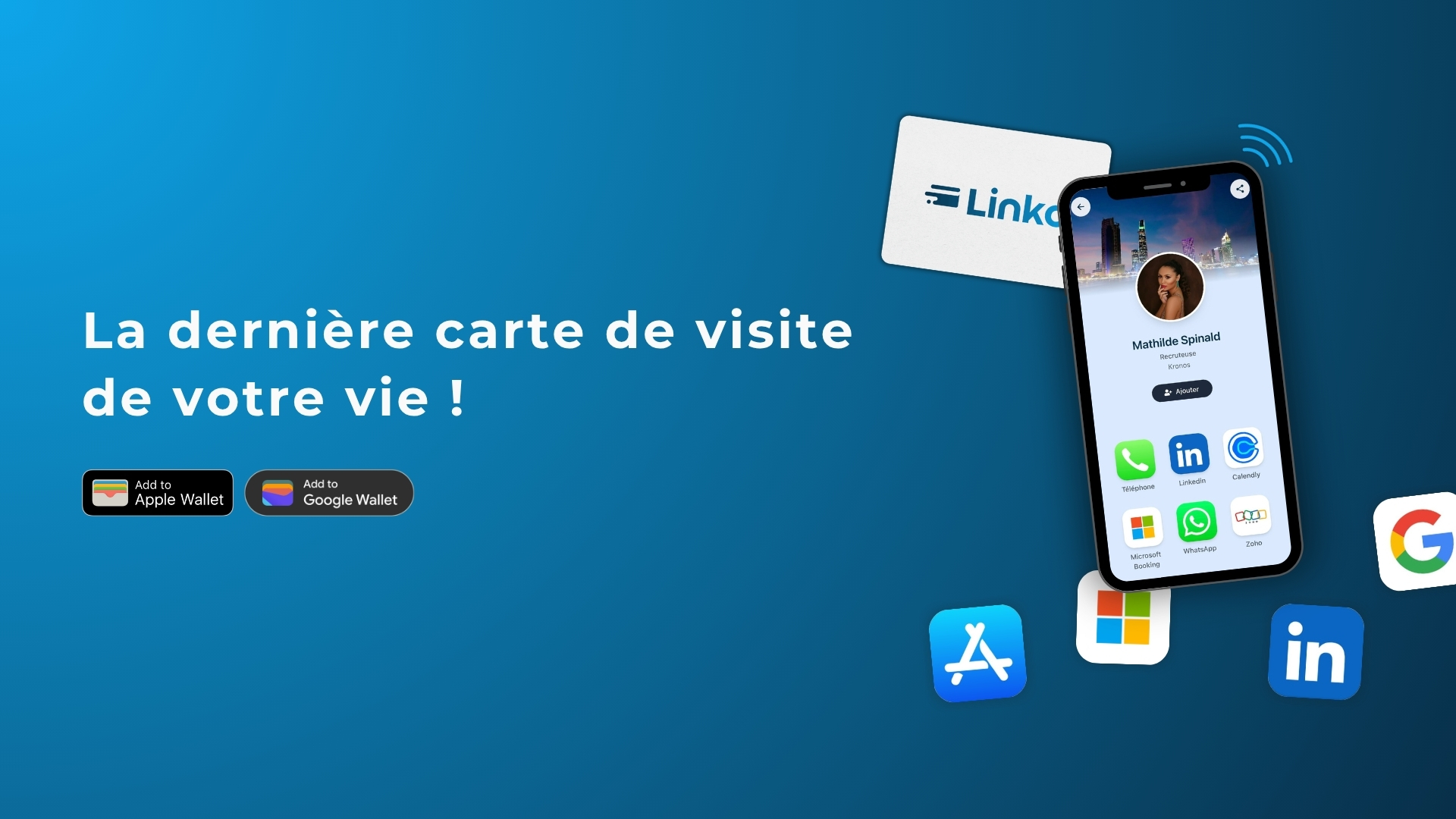 Une image d'une carte Linko scannée par un téléphone afin de présenter le système de carte de visite digitale via partage NFC.